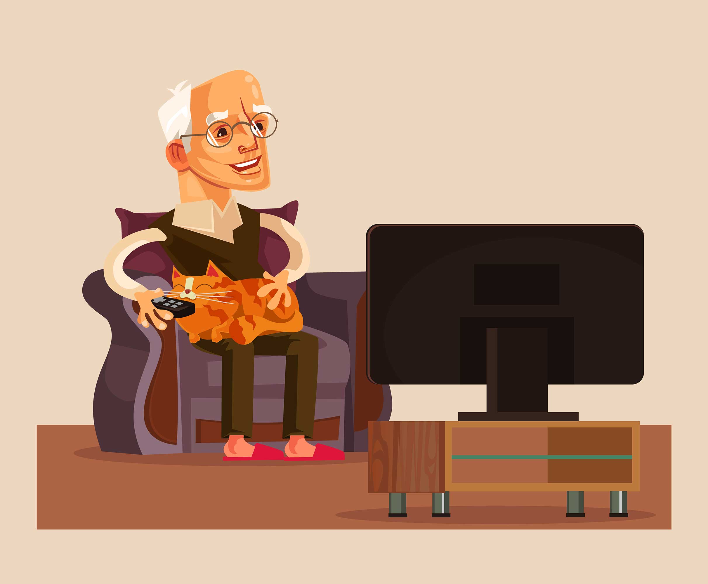 Older viewer relaxing with a cat and watching television using an IPTV subscription