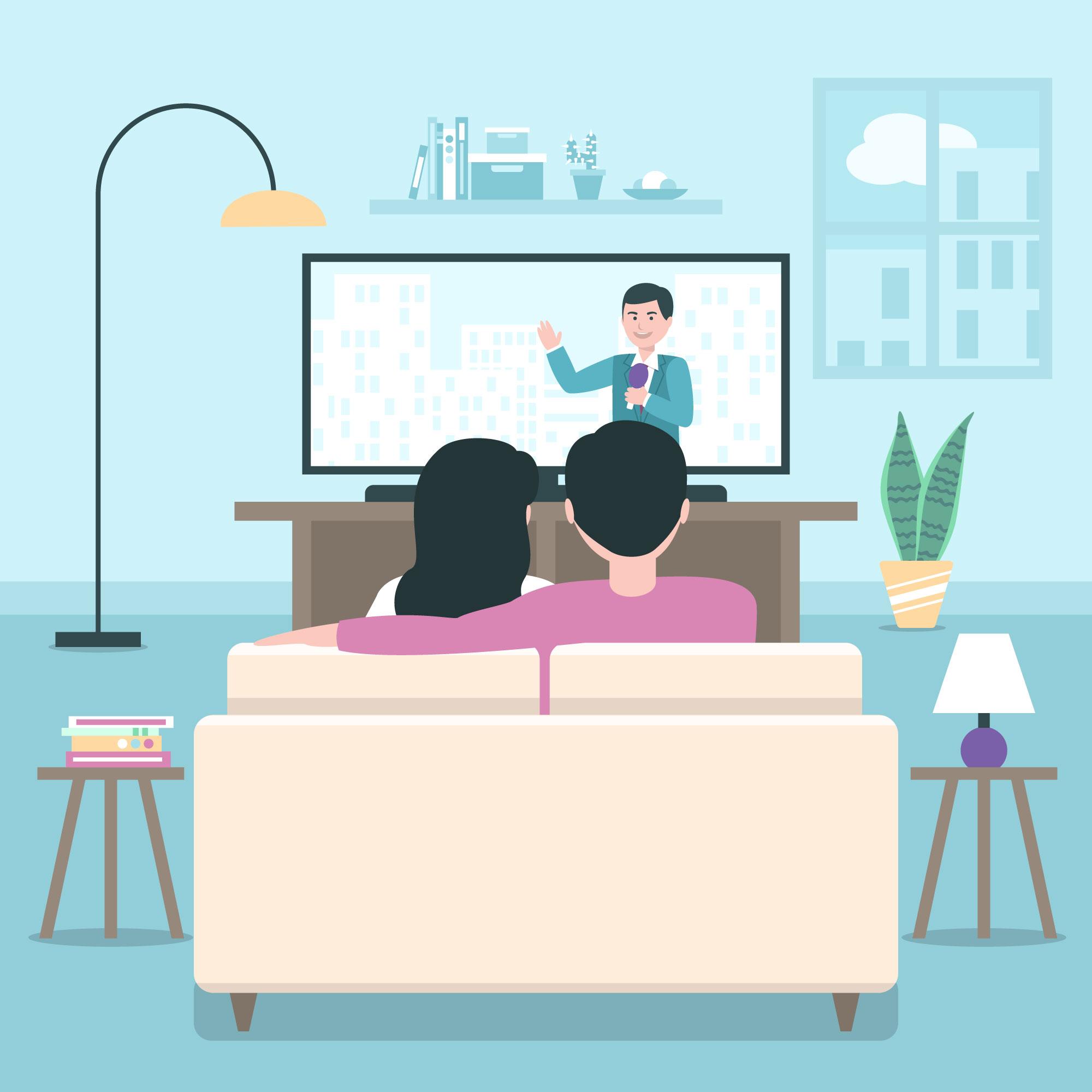 Couple watching a news broadcast at home on a StreamMo IPTV subscription